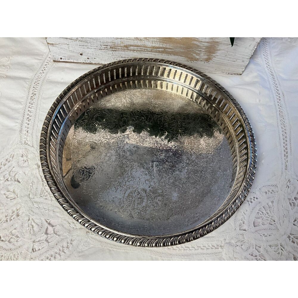 Beautiful vintage round silver plated serving tray; Hollywood glam tray